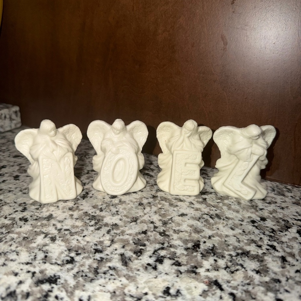 Vintage White Angel NOEL Ceramic Figurines Festive Christmas
